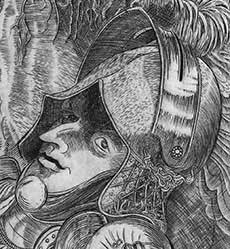 Evan Lindquist artist-printmaker, Detail from Knight, Bird and Burin, copperplate engraving