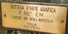Etching press name plate. BOTTEGA D'ARTE GRAFICA, F.RE' EM, FIRENZE VIA DEGLI ARTISTI,6, ITALIOF.Re'em
